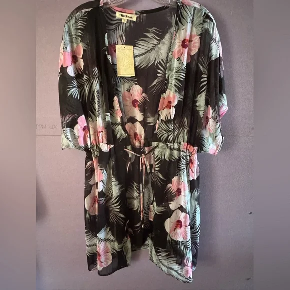 Miken Black and Pink Sheer Open Front cinch tie waist Swim Cover-Up Size XL - Picture 2 of 12